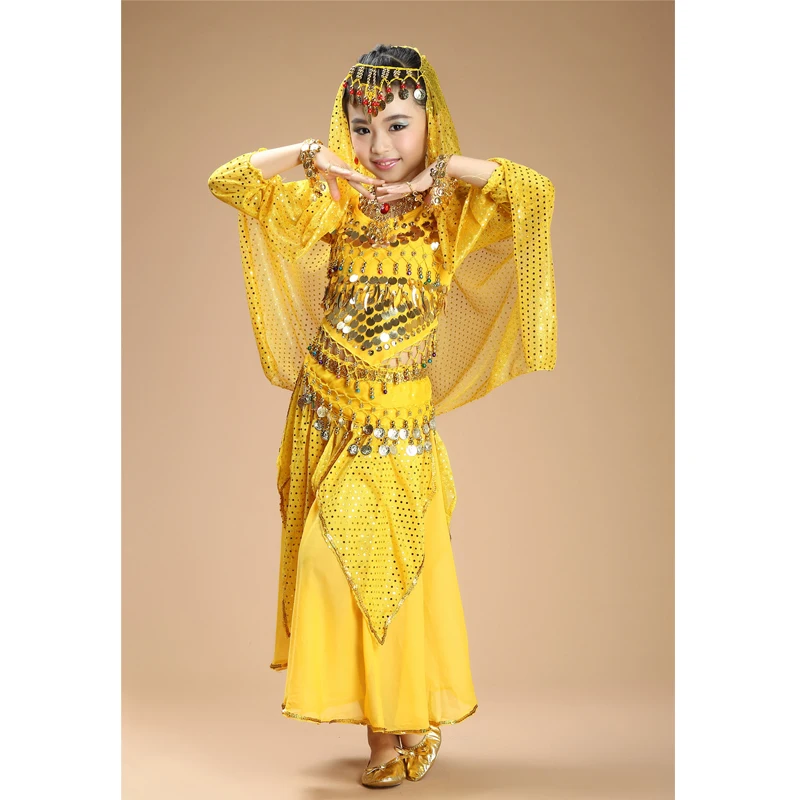 

New kids belly dance 4pcs(top+skirt+waist chain+veil) indian clothes yellow+h.pink+red girls belly dance costume