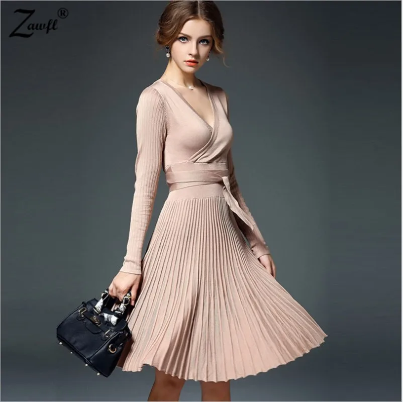 

ZAWFL HIGH QUALITY Newest Fashion 2019 Women's Long Sleeve V-neck Brief Solidy Knitting Knee-length Casual Dress