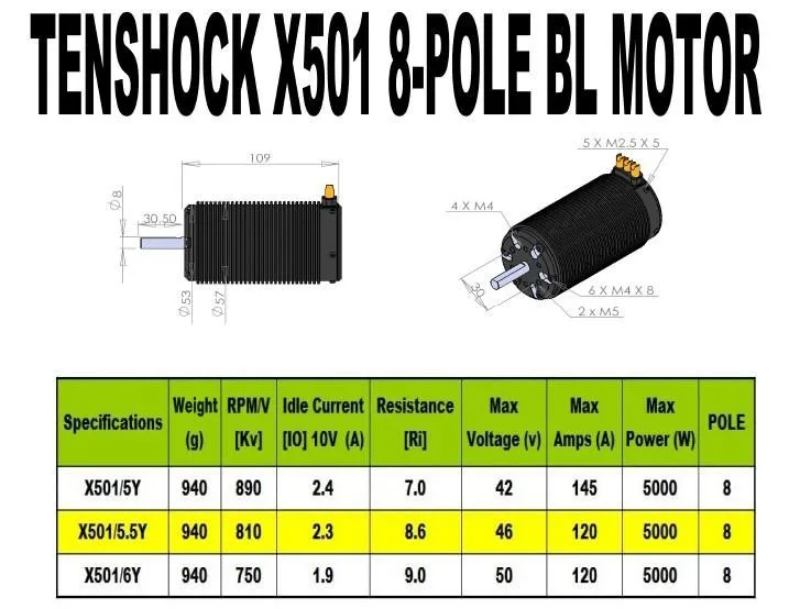 Tenshock Электрические Rc автомобили микро бесщеточный Бессенсорный двигатель постоянного тока 1:5 4WD 8 полюсный X501-810KV/750KV890KV для MCD LOSI