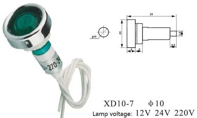 Контрольная лампа XD10-7 с кабелем 20 см DC12V DC24V AC220V 10 мм Мощность индикатор