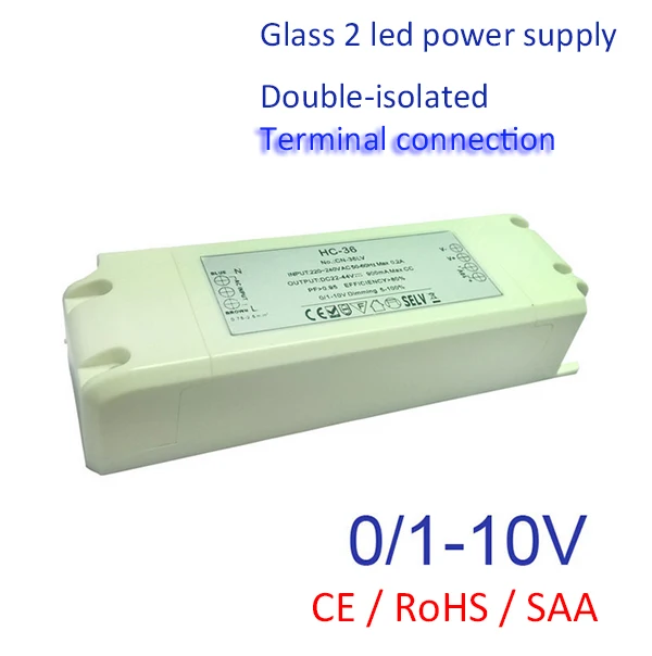 

Double Isolated Current Constant LED 0-10V Light/LED lamp Adapter 36 Watt Max SELV CE/SAA Driver 700mA 900mA 1100mA