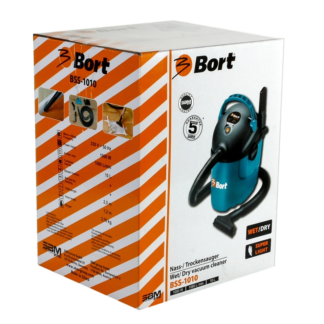 Пылесос универсальный Bort BSS-1010 (мощность 1000 Вт, подходит для всасывания жидкостей, надежный высокоэффективный, двигатель с низким уровнем шума, большая сила всасывания)