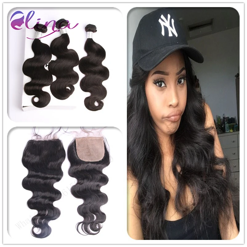 

Top Quality 3 Bundles Brazilian Body Wave Closure Free/Middle Part Silk Base Closure With Bundles Cheap 10A Human Hair Closure