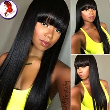 180 Density Brazilian Virgin Hair Lace Front Wig With Full Bangs Silky Straight Grade 8A Front Lace Human Hair Wig Black Women