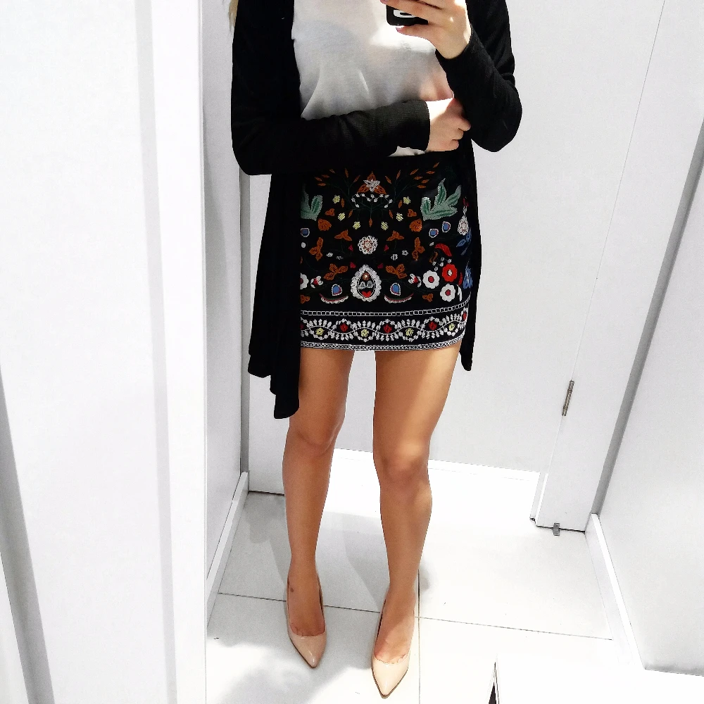 AZULINA Embroidery Skirt Women Cotton Floral High Waist Black Casual Female Short Spring Summer Vintage Mini Ethnic Boho Skirts