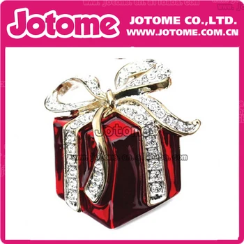 

100pcs/lot 45mm red enamel Rhinestone Red Present Gift box Christmas Brooch Pin