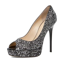 Black Glitter Women Pump Stilettos Round Toe OL Pumps Cover Heel Slip-ons Women Shoe Made-to-order Plus Size 12 Handmade Shoe