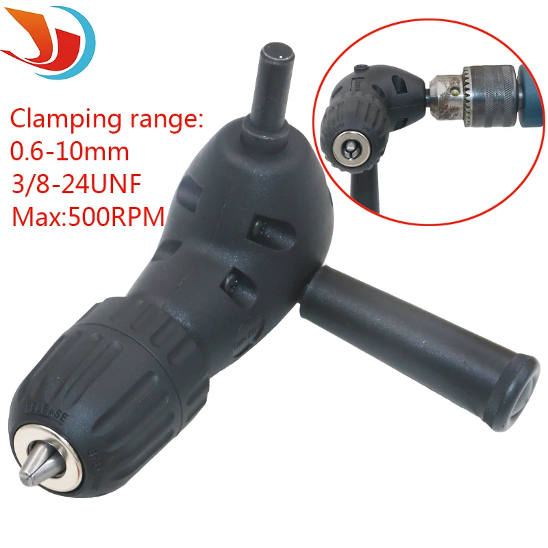 

Black 90 degrees right angle bend extension Electric Drill Head Adapter 0.6-10mm 3 / 8-24UNF Round Shank Drill Chuck Tools