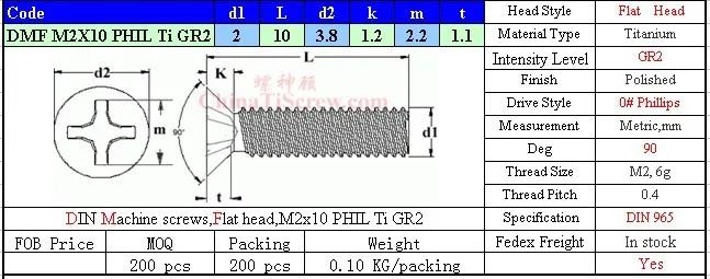 Титановый винт M2x10 DIN 965 0# Отвертка Phillips Ti GR2 полированная, 50 шт в наборе