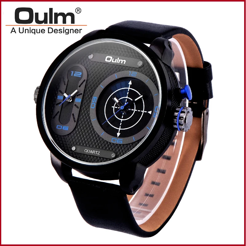 Quartz Sport Wrist Watch Oulm Brand Watch Dual Time Zone Alloy Case with Leather Belt For