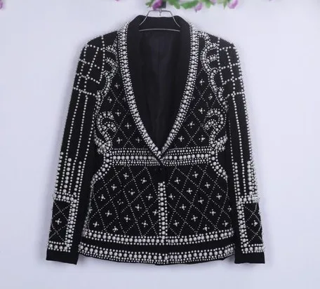 2018 дизайнерская подиумная Новая модная Высококачественная Женская куртка с длинным рукавом и жемчугом ручной работы, роскошная черная
