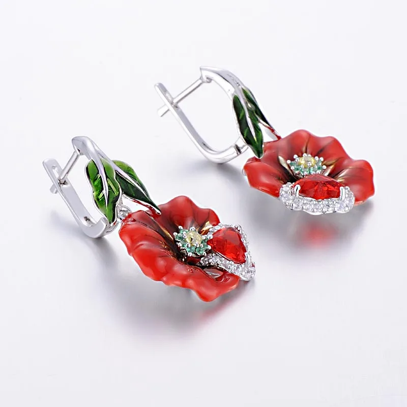 silver red flower enamel earrings-E303874ENASL925-SV1