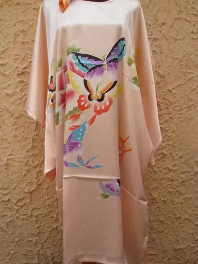 Розовый Живопись китайский Для женщин шелковый халат ночная рубашка юката Цветок Один размер S4011