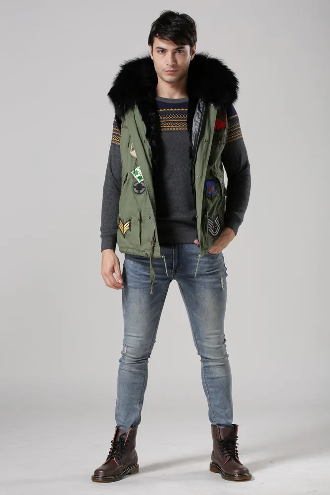 Fur trimmed green jacket with bead removable sleeve in leather, unisex fashion parka
