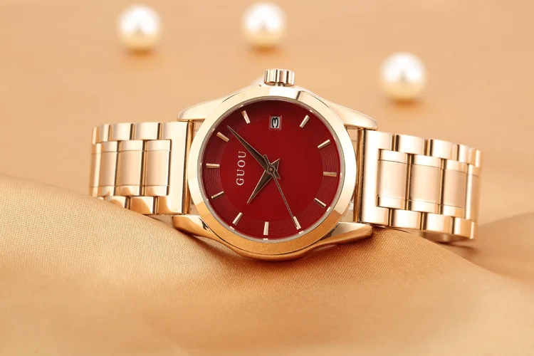 Red face GUOU бренд Relogio Feminino Дата часы охватывающая деталь из нержавеющей стали часы женские модные Повседневное часы с календарем часы Для женщин кварцевые часы - Цвет: Red face