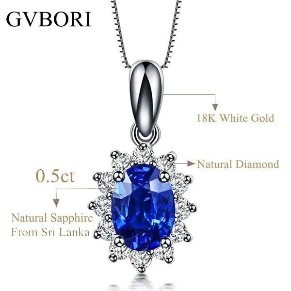 GVBORI Роскошные 0.5ct естественный голубой сапфир драгоценный камень кулон для Для женщин Свадебные Валентина подарок партии Ювелирные украшения Бриллиантовая подвеска