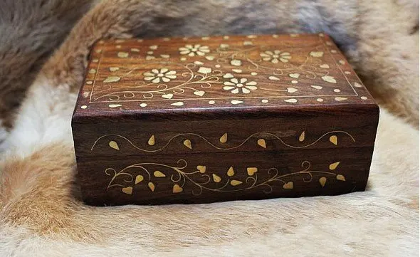 TJB963 индийский ручной работы старинные деревянные шкатулки, 15*10*6 см, бодхи дерева инкрустированные латунь Цветы Чехол