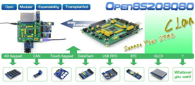 STM8S208MB STM8S208 STM8S оценочная макетная плата+ полные расширения ввода/вывода = Open8S208Q80 стандарт