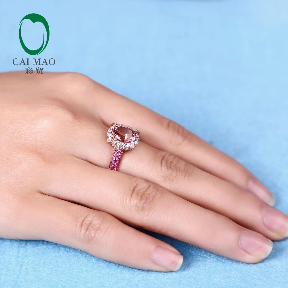 CaiMao 14KT/585 Rose Gold 0.59ct Round Cut Diamond 0.54ct Pink Sapphire 1.79ct Natural Morganite Engagement Ring Jewelry