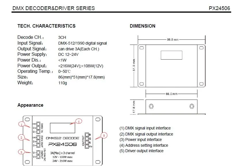 PX24506; 3A* 3 канала dmx преобразователь постоянного напряжения, DC12-24V вход