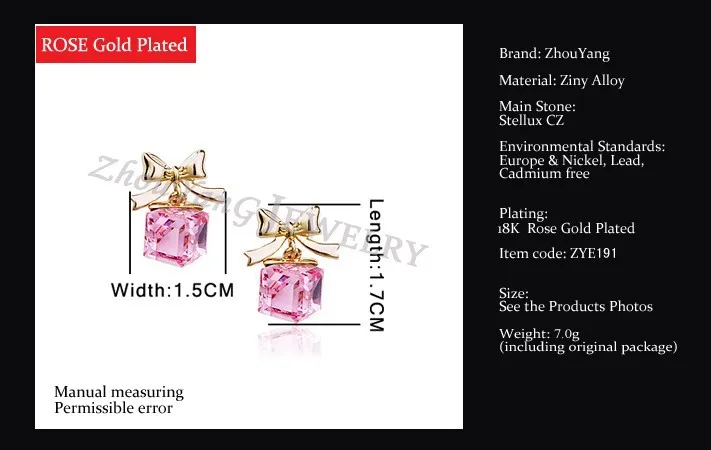 ZYE191 бант розовый кристалл розовое золото цвет серьги гвоздики ювелирные изделия сделаны с настоящими Австрийскими кристаллами