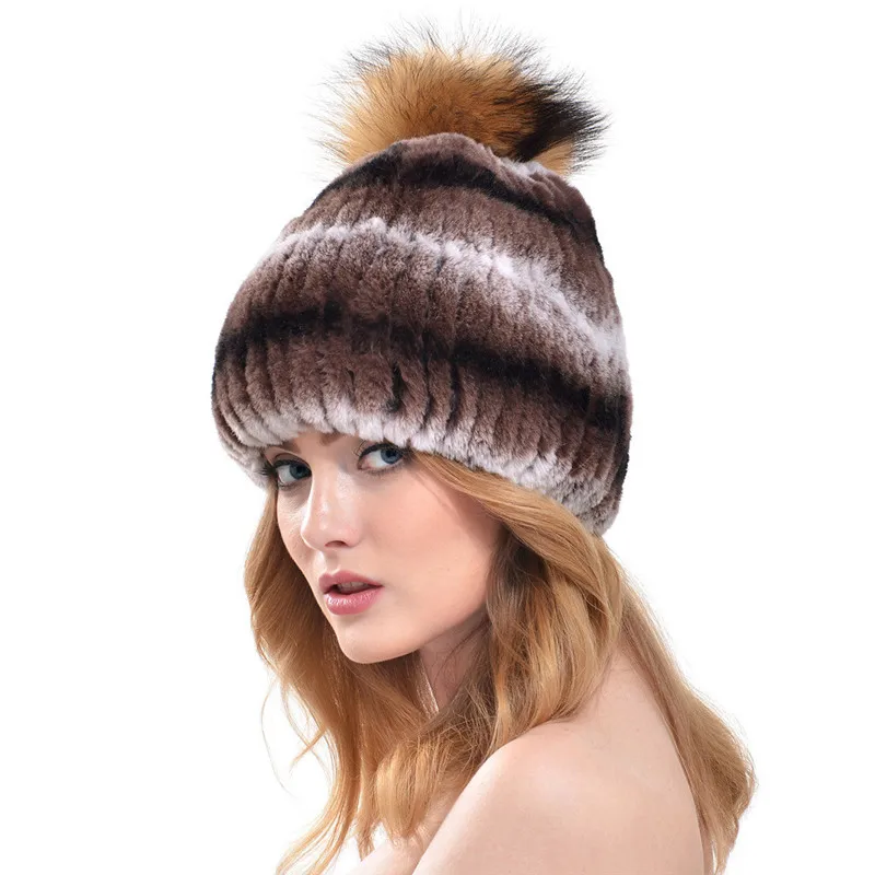 New Fashion Natural Fur Caps Women Real Rex Rabbit Fur Hat With Fur Raccoon Fur Pom Poms Knit Caps LH344 - Цвет: color 4