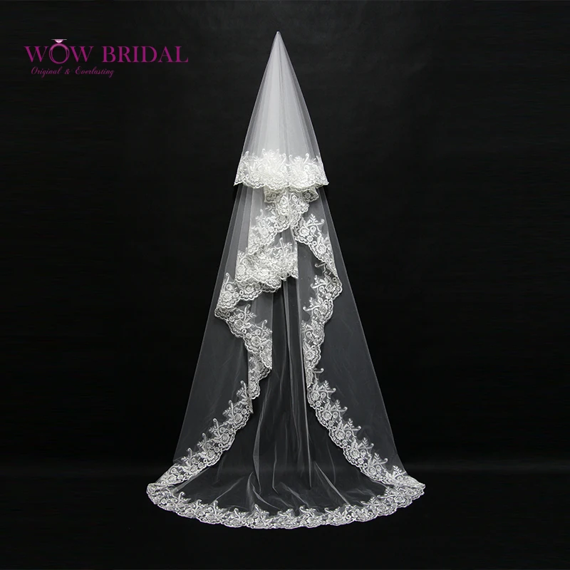 Wowbridal изящные невесты фата кружева вышитые кристалл из бисера- длина свадебные аксессуары