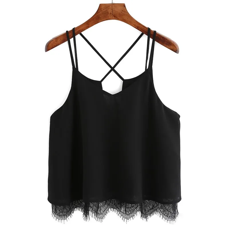 New-Arrival-Plain-Black-Spaghetti-Strap-Lace-V-Neck-Chiffon-Camisole-Cami-Top-Korean-2016-Summer