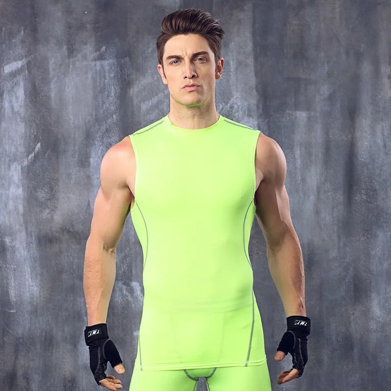Bright Green Модный формирователь мужского тела майки для бодибилдинга облегающие эластичные компрессионные быстросохнущие фитнес топы без рукавов MA27 - Цвет: Bright Green
