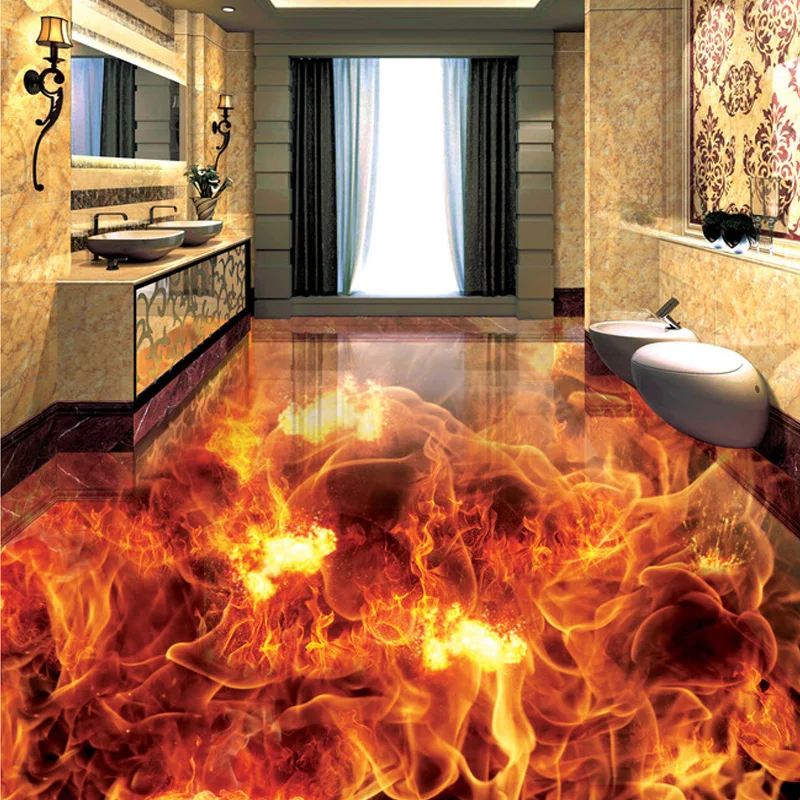 Custom Photo Wall Paper 3D Stereoscopic Flame Bathroom Floor Mural Wear Non-slip Thickened PVC Self-adhesive Floor Wallpaper
