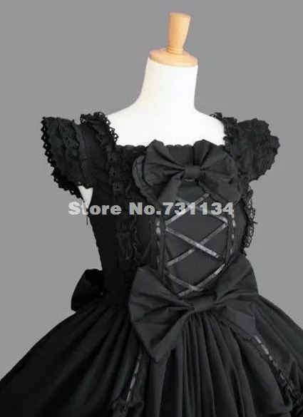 Дешевые Черные Кружевные хлопковые платья Лолиты с рукавами-крылышками и бантом