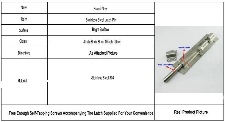 Утолщаются 5 шт./партия 4 дюйма = 100 мм(ширина 40 мм, диаметр стержня 9,5 мм) из нержавеющей стали 304 дверной болт, дверной болт, защитный штифт