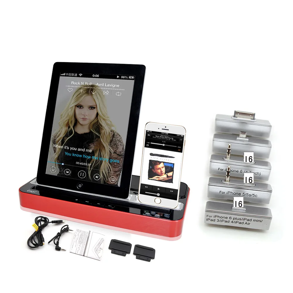 Docking station dual adaptador cargador y soporte de altavoz para ipad iphone 6 ipod samsung s5 i9600pport usb/aux/fm radio/la tarjeta del tf - AliExpress Productos electrónicos