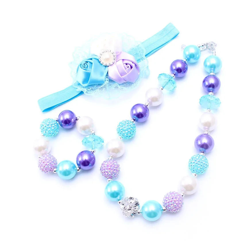 

MHS.SUN fashion baby blue rose flower headbands hairband chunky bubblegum beads necklace bracelets for kids girls gift BN042