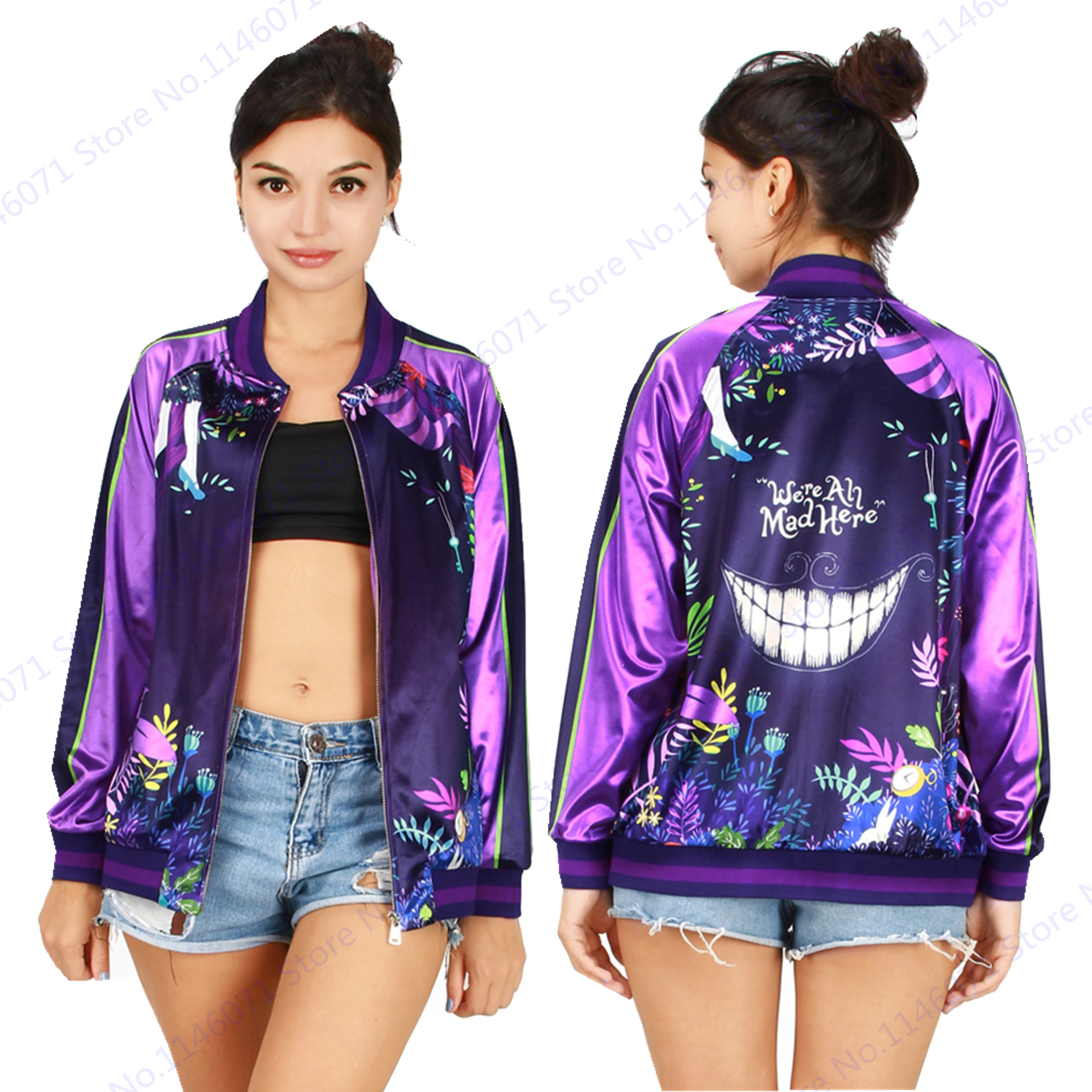 Purple Satin Baseball Coats Multicolor Leaves Print Varsity Bomber