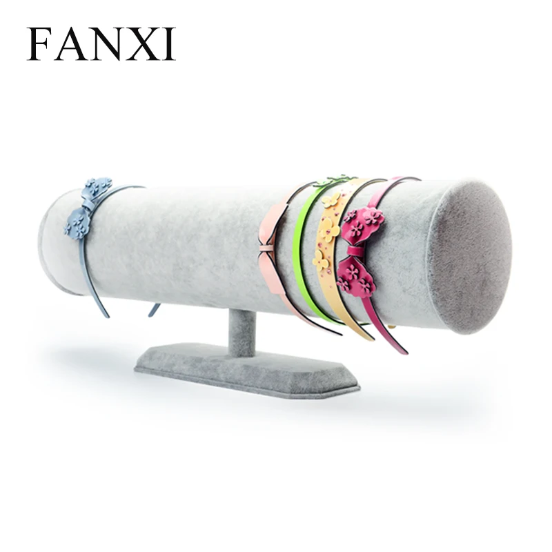 Oirlv DHL Express Ya Cilindro Vendas de la Joyería Del Aro Del Pelo de Terciopelo Gris Hielo MDF Estante Del Soporte de Exhibición Showcase Holder Exhibitior