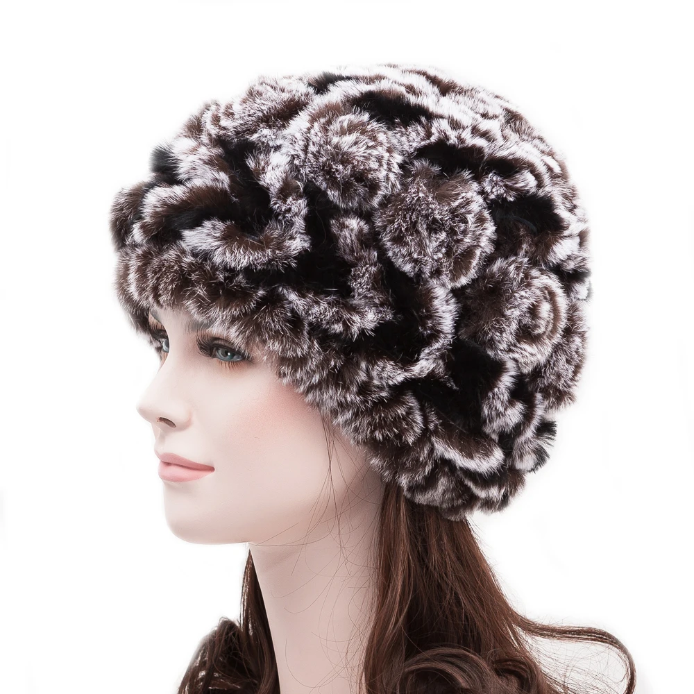 

Maylofuer New Arrival Ladies Real Rex Rabbit Fur Knit Arrow pattern Rose Floral Women Hat Winter Caps