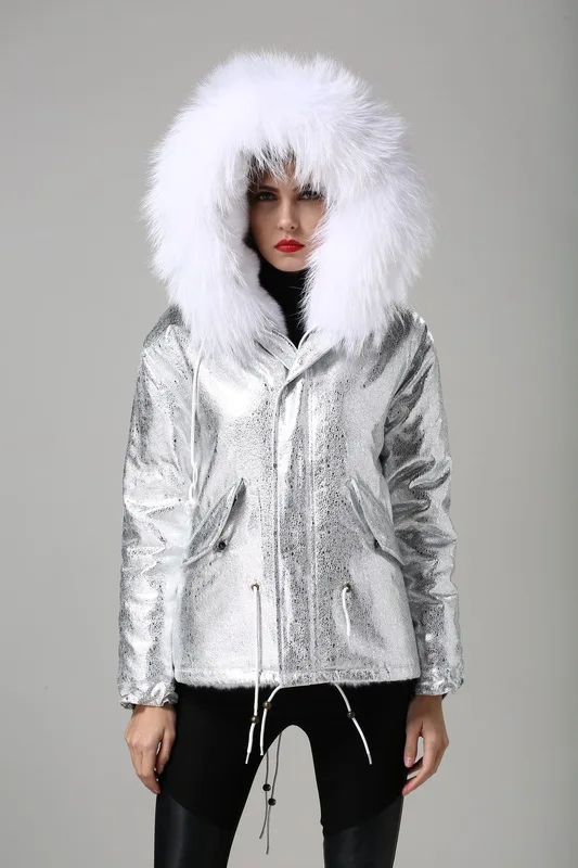 Women Fur Hooded Parka Padded Eal Fur Parka Silver Foil White Faux Fur Lined Parka with Natural Mr Mrs Fur Coat Parka