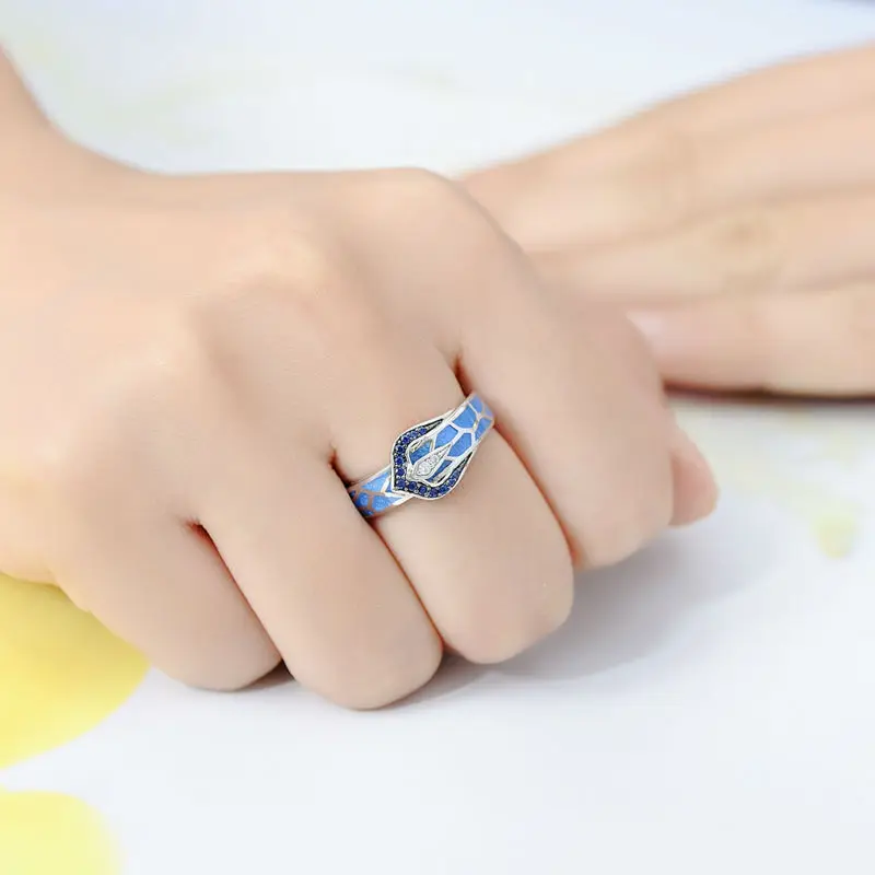 Silver Snake Ring for Women Blue Stone Blue HANDMADE Enamel Rings Pure 925 Sterling Silver Fashion Jewelry