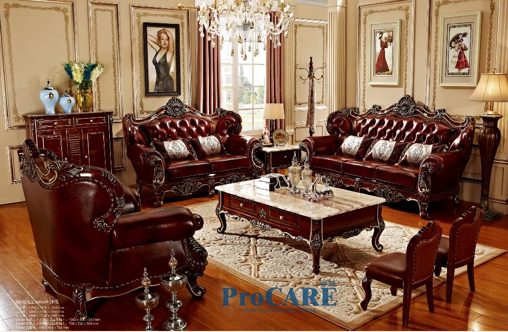 luxury 3 different sets red solid wood genuine leather sofas set living room furniture with coffee table in China-PRF6801/05/08