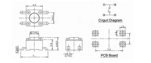 1000 шт. переключатель smd Тип 4.5x4.5x7.0 мм Высота 250gf RoHS свет Кнопка Тактильные переключатель