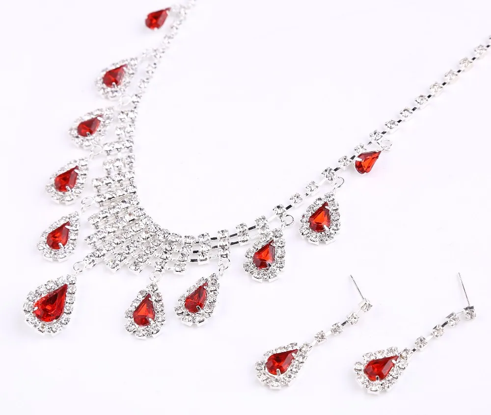 Crystal Pearl Flower Bride 3 Pcs Set Necklace Earrings Wedding Tiara Wedding Jewelry Set Accessories For Women   Red White (3)