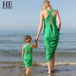 HE Hello Enjoy/платья для мамы и дочки, новинка 2019 года, летнее зеленое пляжное платье без рукавов, платье для мамы и дочки, Семейные комплекты