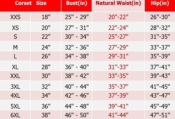 Annzley Updated Corset Size Chart