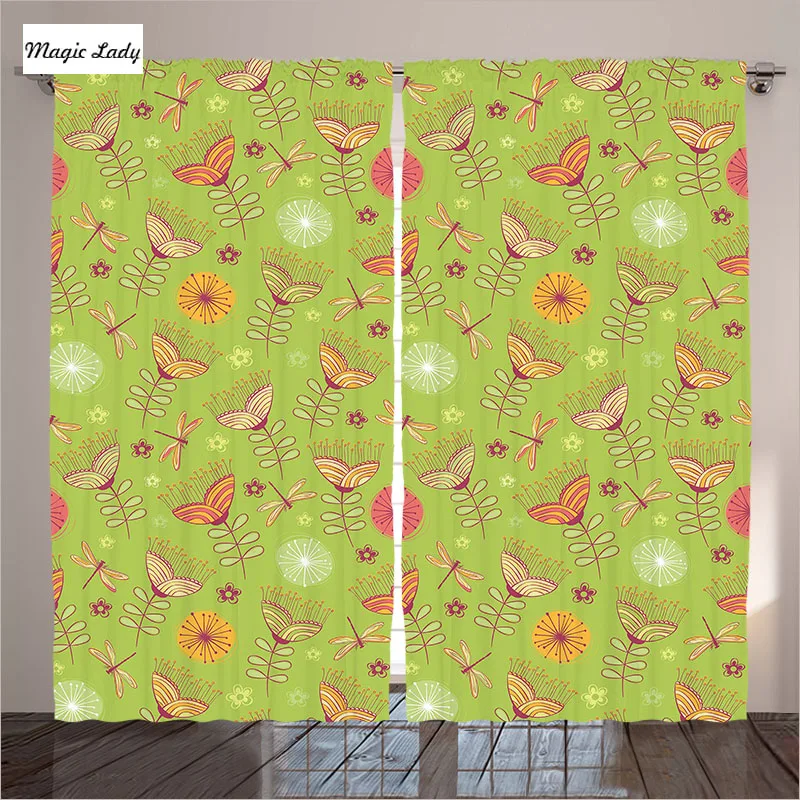 Curtains Green Living Room Bedroom Bluebell Flower Funky Boho Retro