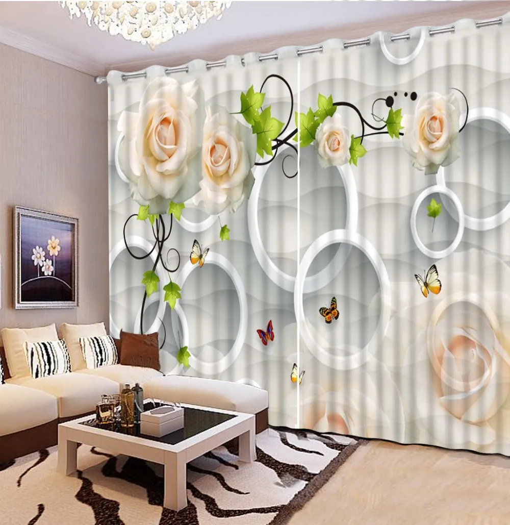 

High Quality Customize size Modern photo curtains 3d stereoscopic off-white rose flower home curtains