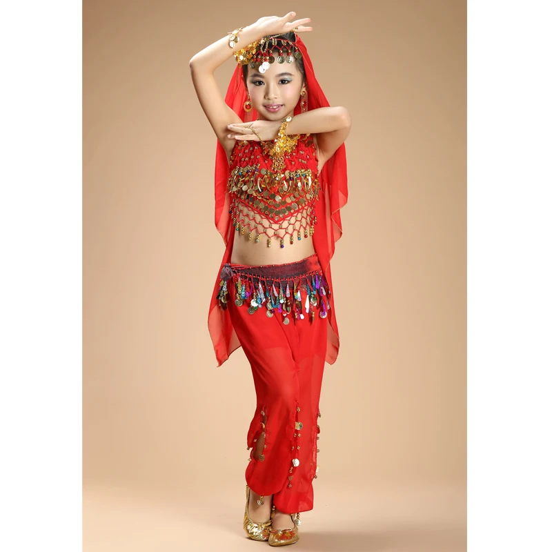 Лидер продаж, детская одежда для танца живота, 4 предмета(топ+ штаны+ цепочка на талии+ вуаль), индийская одежда, розовый/красный/желтый костюм для танца живота для девочек