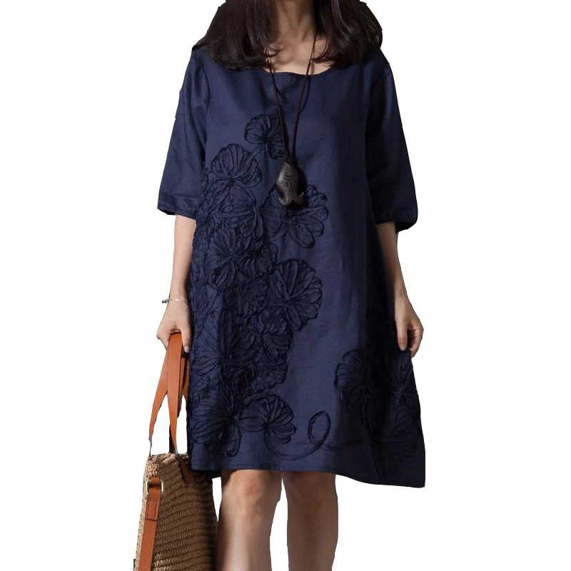 Женское платье с О образным вырезом повседневное льняное большого размера