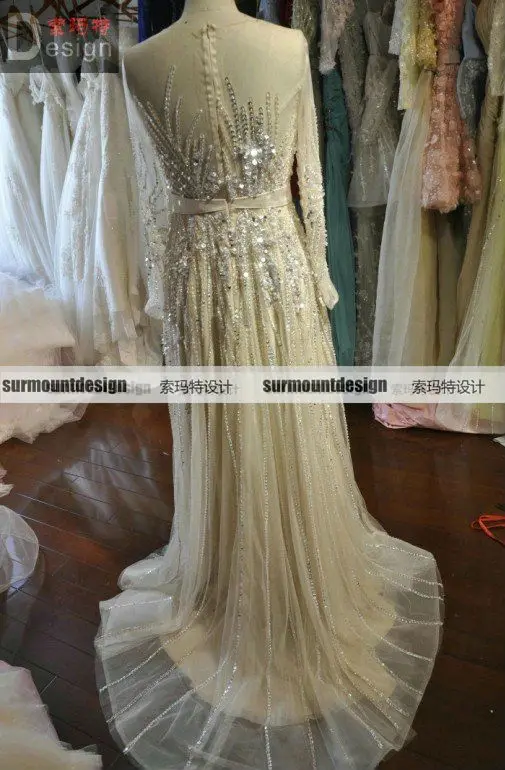 Surmount Real Sample Zuhair Murad Full Crystals SequinLong Sleeves Champange Full Luxious Deads Design Evening Dresses For Sale