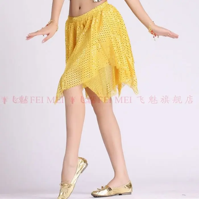 Блестящая Короткая юбка для танца живота, сценическая одежда для танца живота, 9 цветов, 6 шт./партия